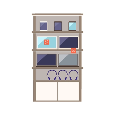 Electronics store interior icon with devices on shelves flat vector illustration