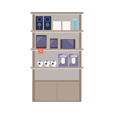 Flat showcase with tablets cameras speakers in electronics store vector illustration