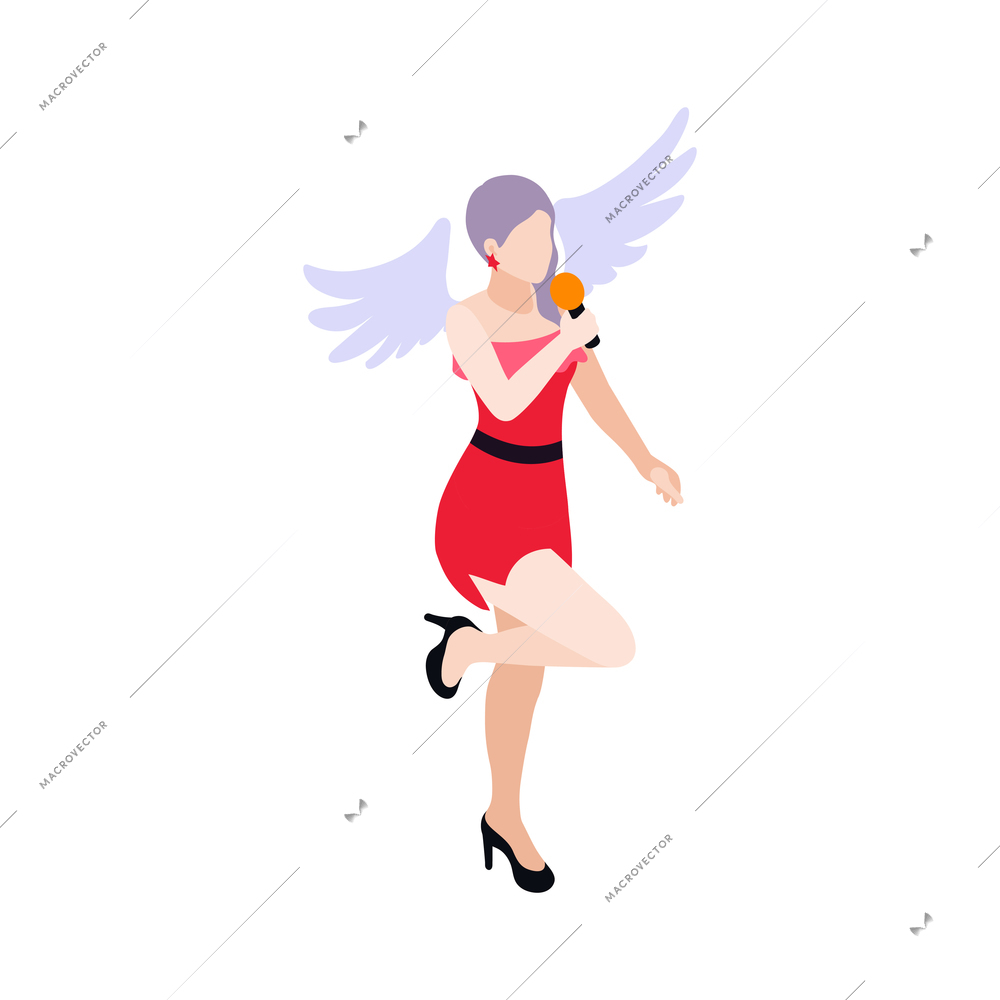 isometric icon with woman pop singer wearing red dress and wings 3d vector illustration
