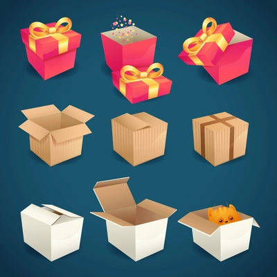 Box and package gift delivery icons set isolated vector illustration