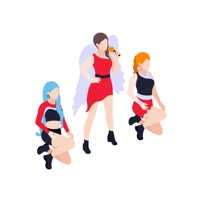 Isometric icon with girl pop band singing in bright costumes 3d vector illustration