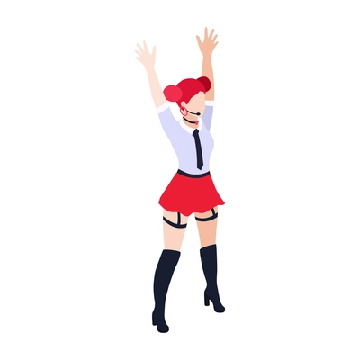 Isometric icon with trendy female kpop singer with hands up 3d vector illustration