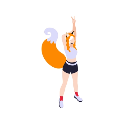 Kpop singer isometric 3d icon with girl performing in costume of fox vector illustration