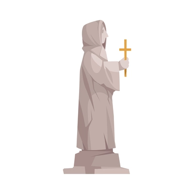 Cartoon icon with medieval stone statue of human holding golden cross on white background vector illustration