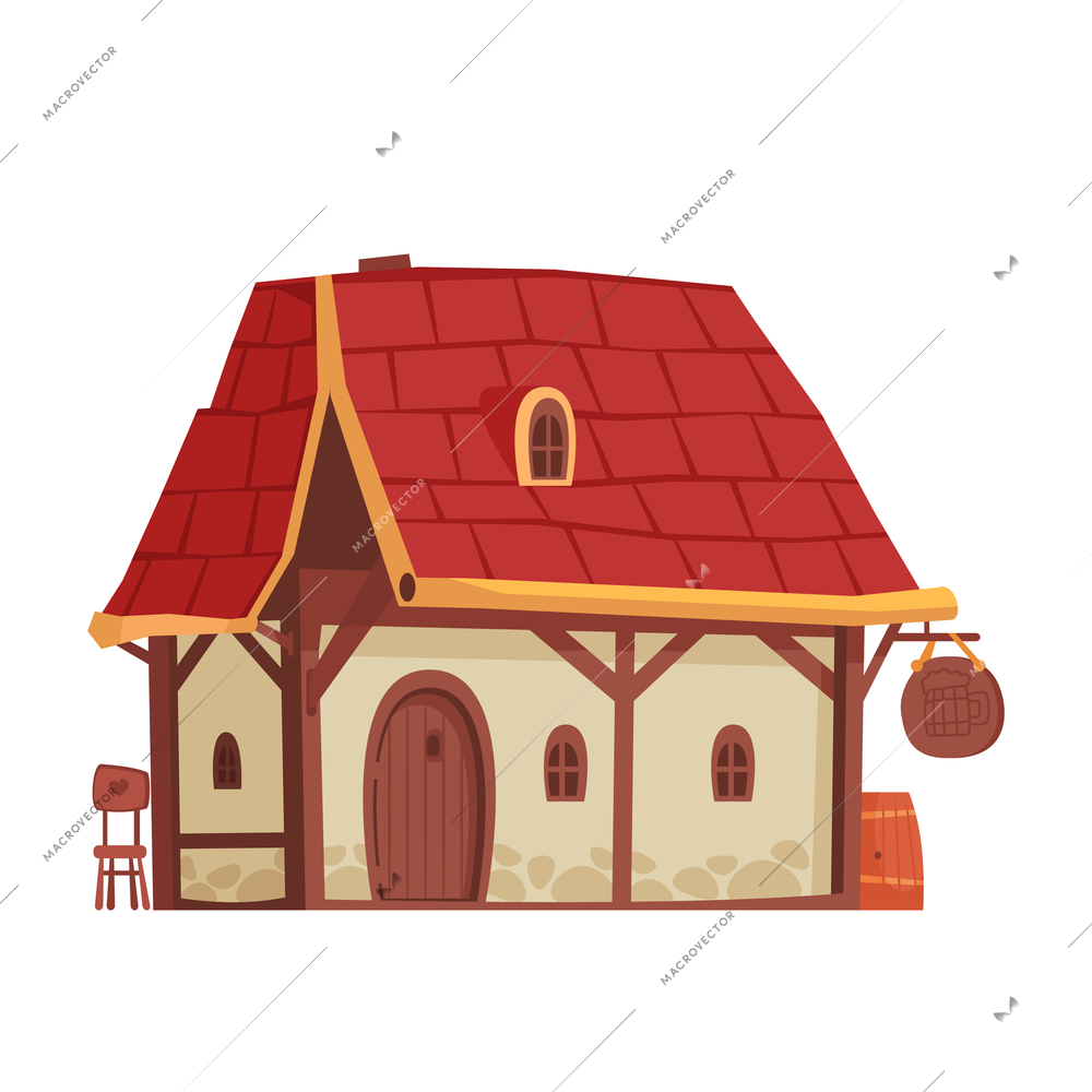 Cartoon building of medieval tavern on white background vector illustration