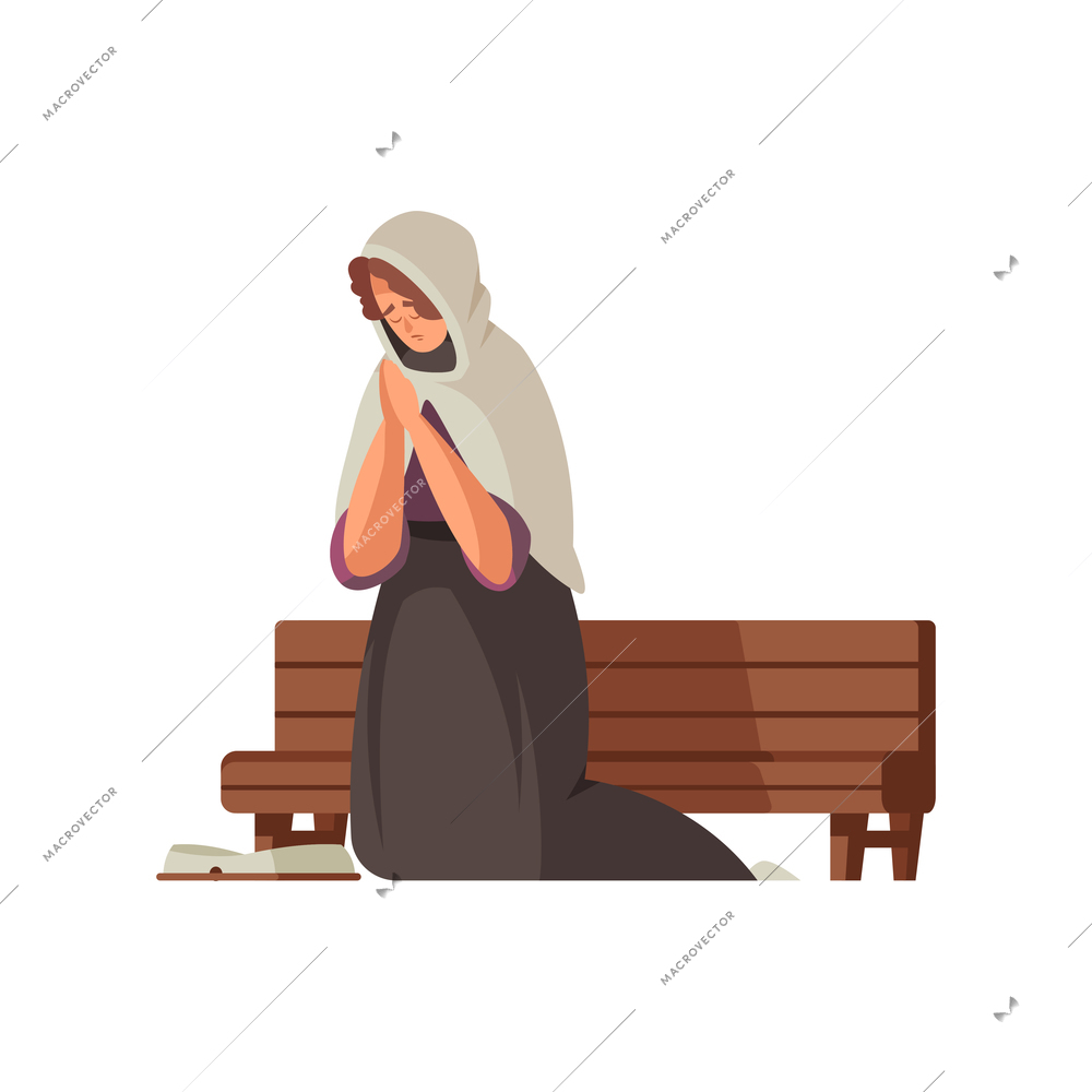 Cartoon poor medieval woman on her knees near wooden bench vector illustration