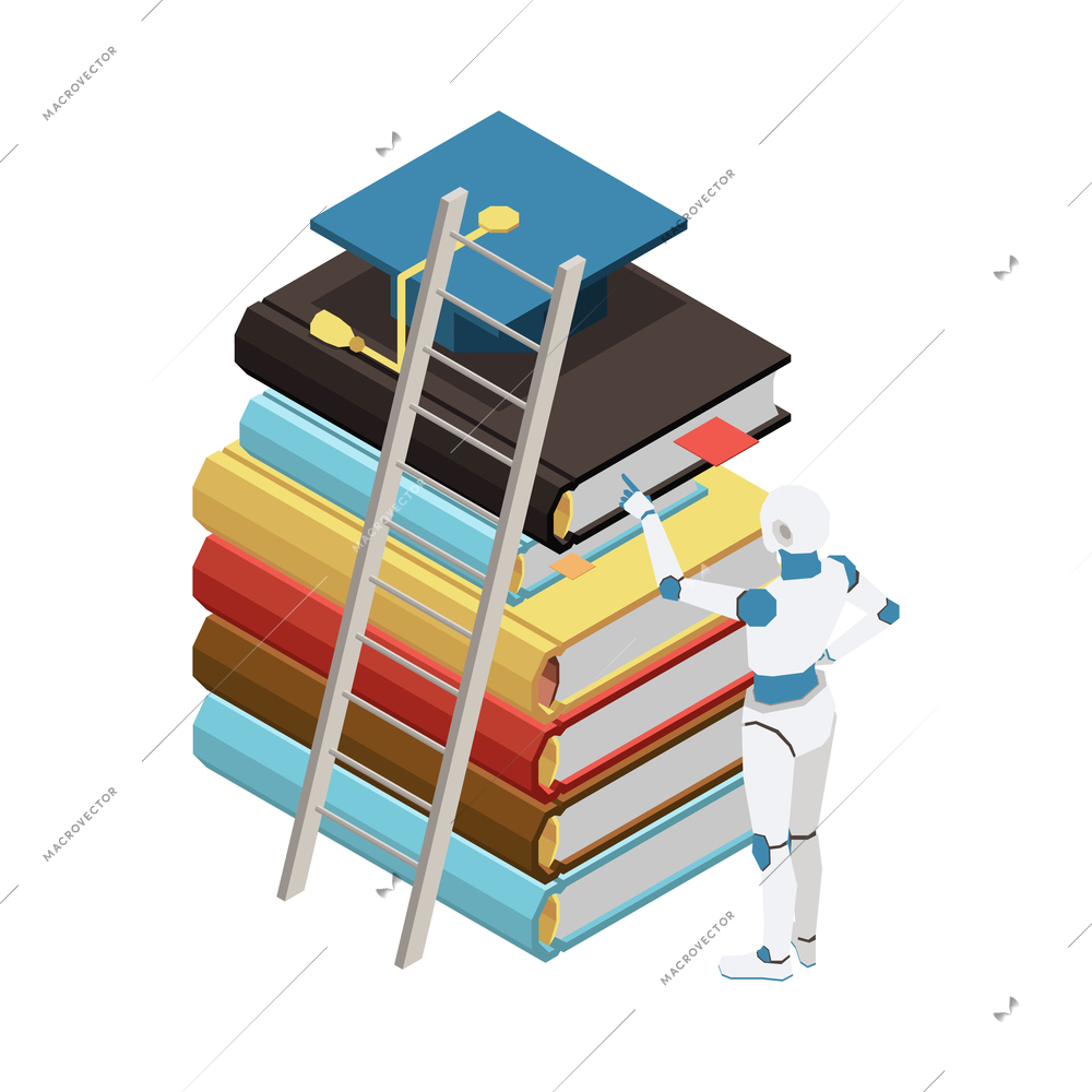 Isometric artificial intelligence concept with robot choosing book 3d vector illustration