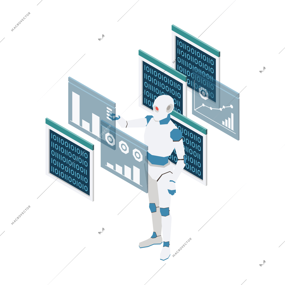 Artificial intelligence isometric concept with robot on white background 3d vector illustration