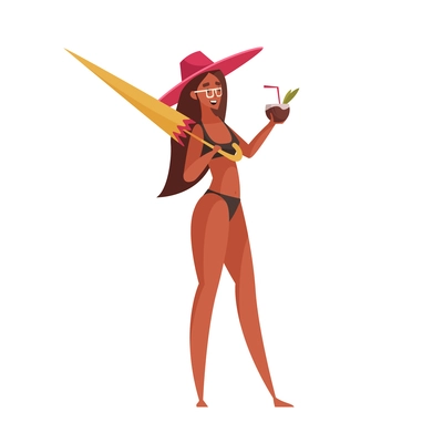 Suntanned slim woman in swimsuit drinking coconut cocktail and holding umbrella cartoon vector illustration