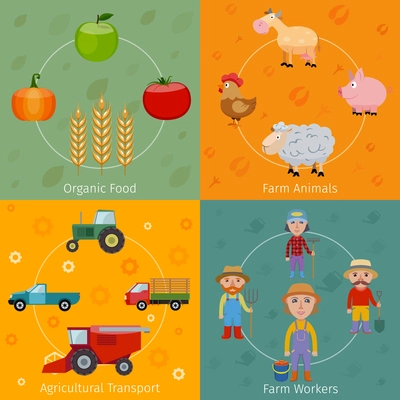 Farm agriculture farmer flat set with organic food animals transport workers isolated vector illustration