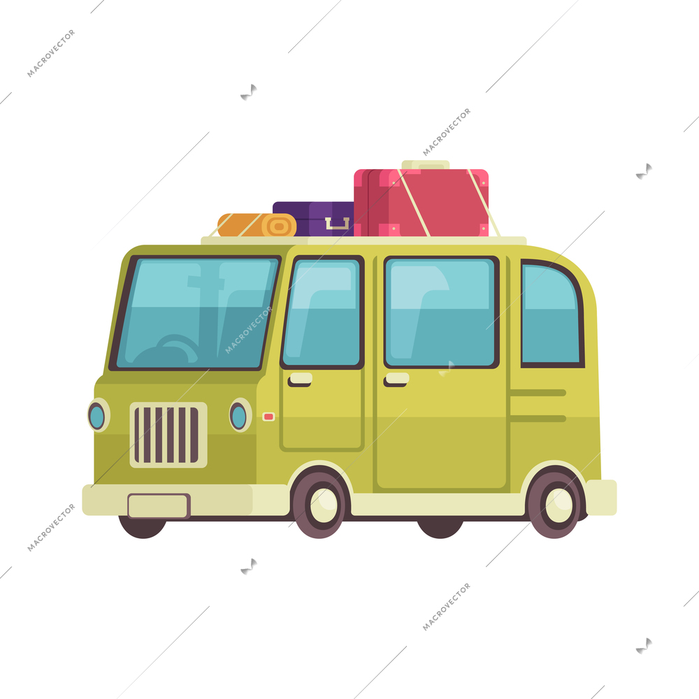 Small green touristic bus with lugagge on top cartoon icon vector illustration