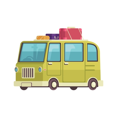 Small green touristic bus with lugagge on top cartoon icon vector illustration