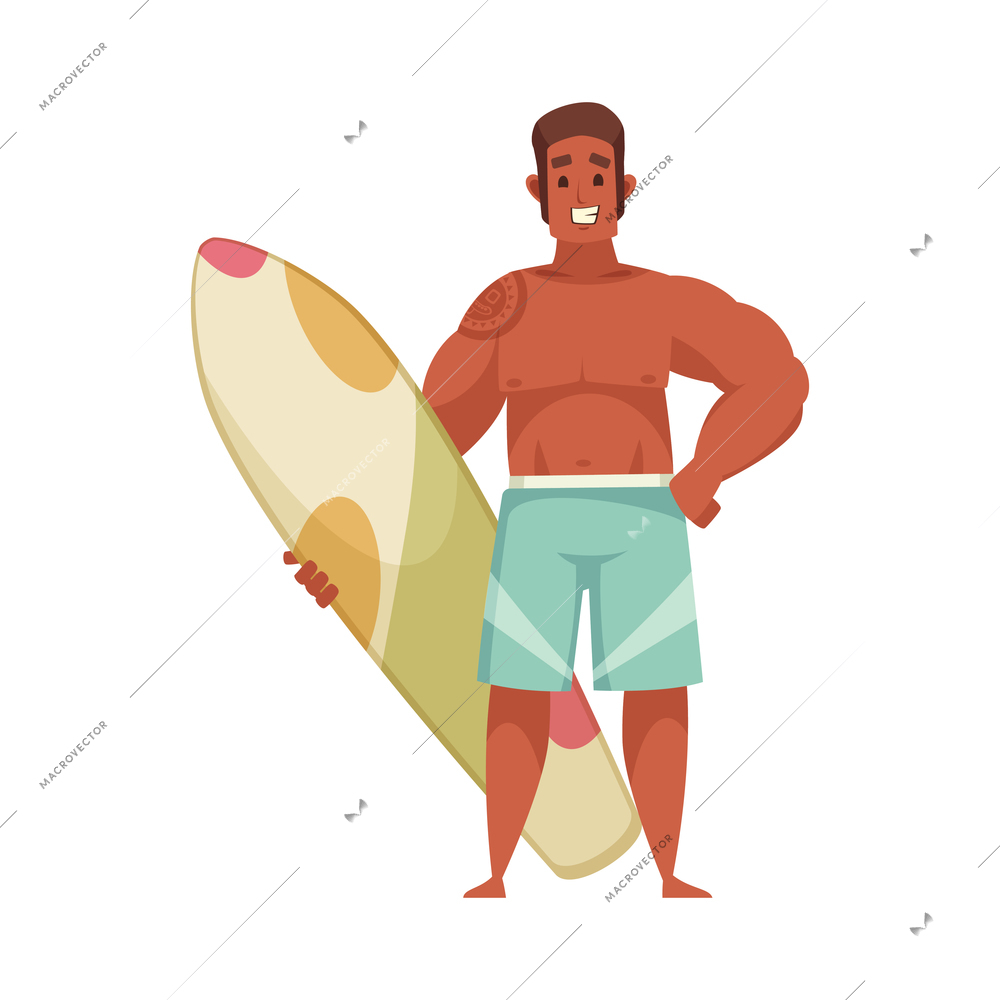 Cartoon icon with happy suntanned man holding surfboard vector illustration
