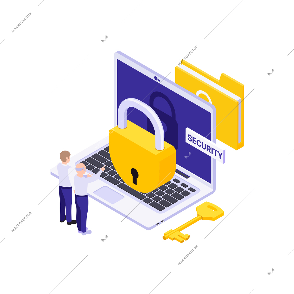 Isometric data security concept with two people and lock on computer vector illustration