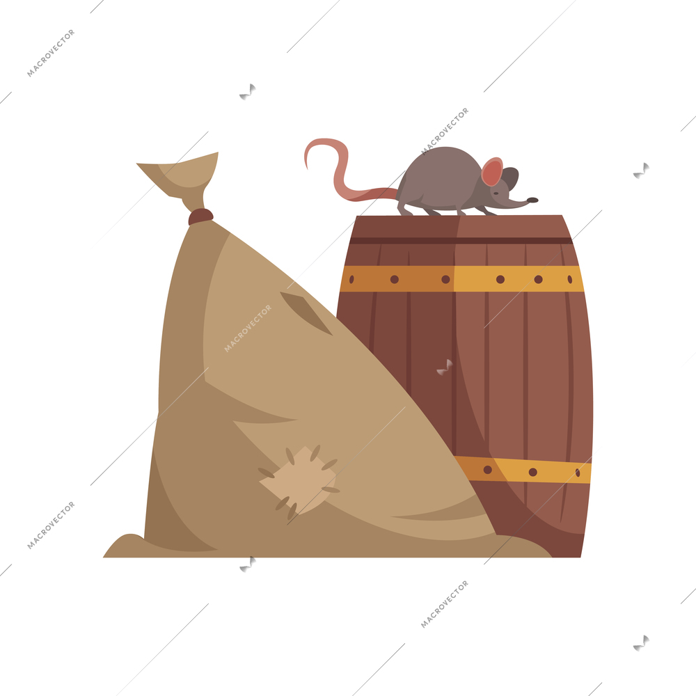 Sack of grains and mouse sitting on top of barrel cartoon vector illustration