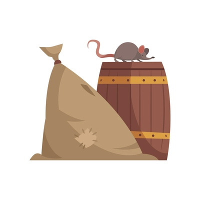 Sack of grains and mouse sitting on top of barrel cartoon vector illustration