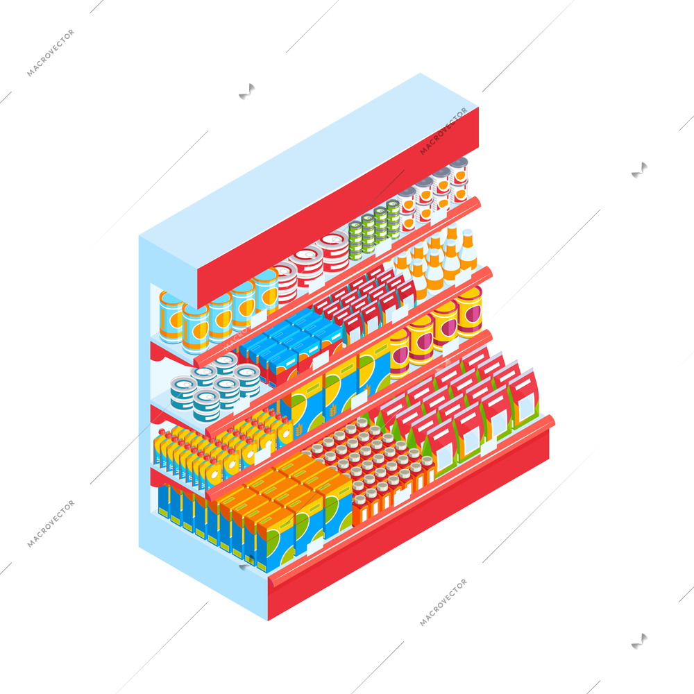 Isometric supermarket showcase shelves with canned goods cartons bottles 3d vector illustration