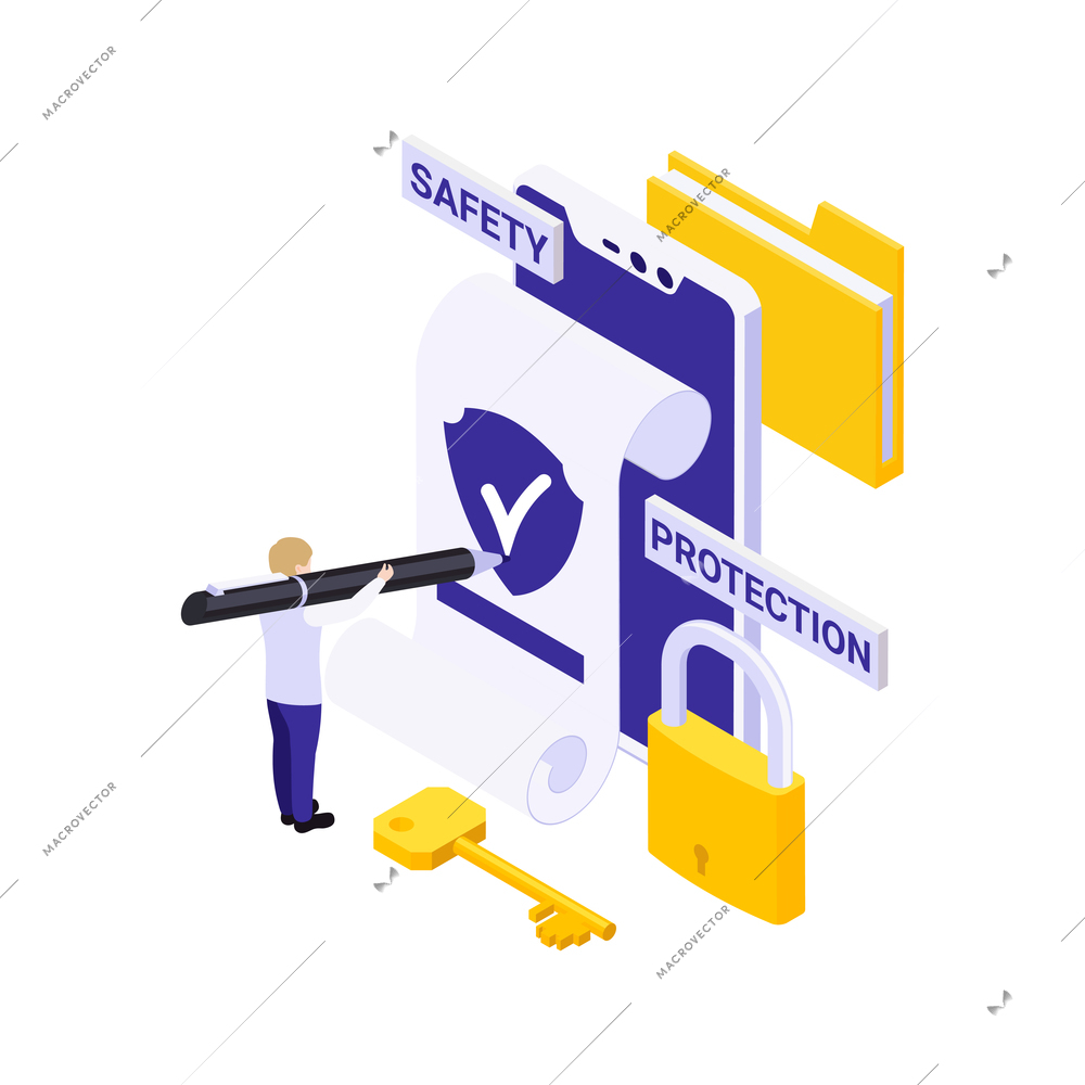 Cyber security isometric concept with protected confidential data on smartphone and human character vector illustration