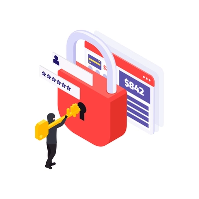 Hacker breaking lock to get access to personal information on computer isometric vector illustration