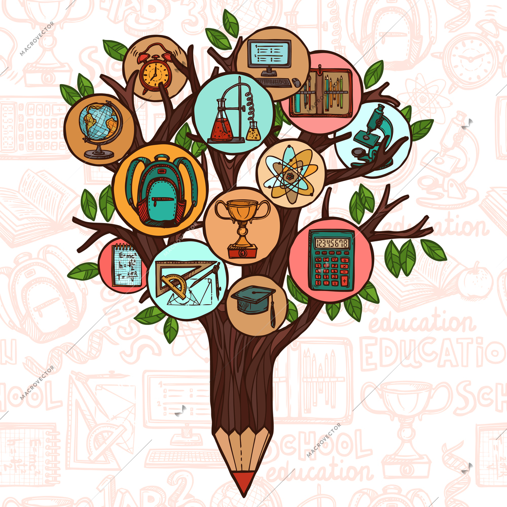 Tree pencil with education icons studying knowledge symbol vector illustration