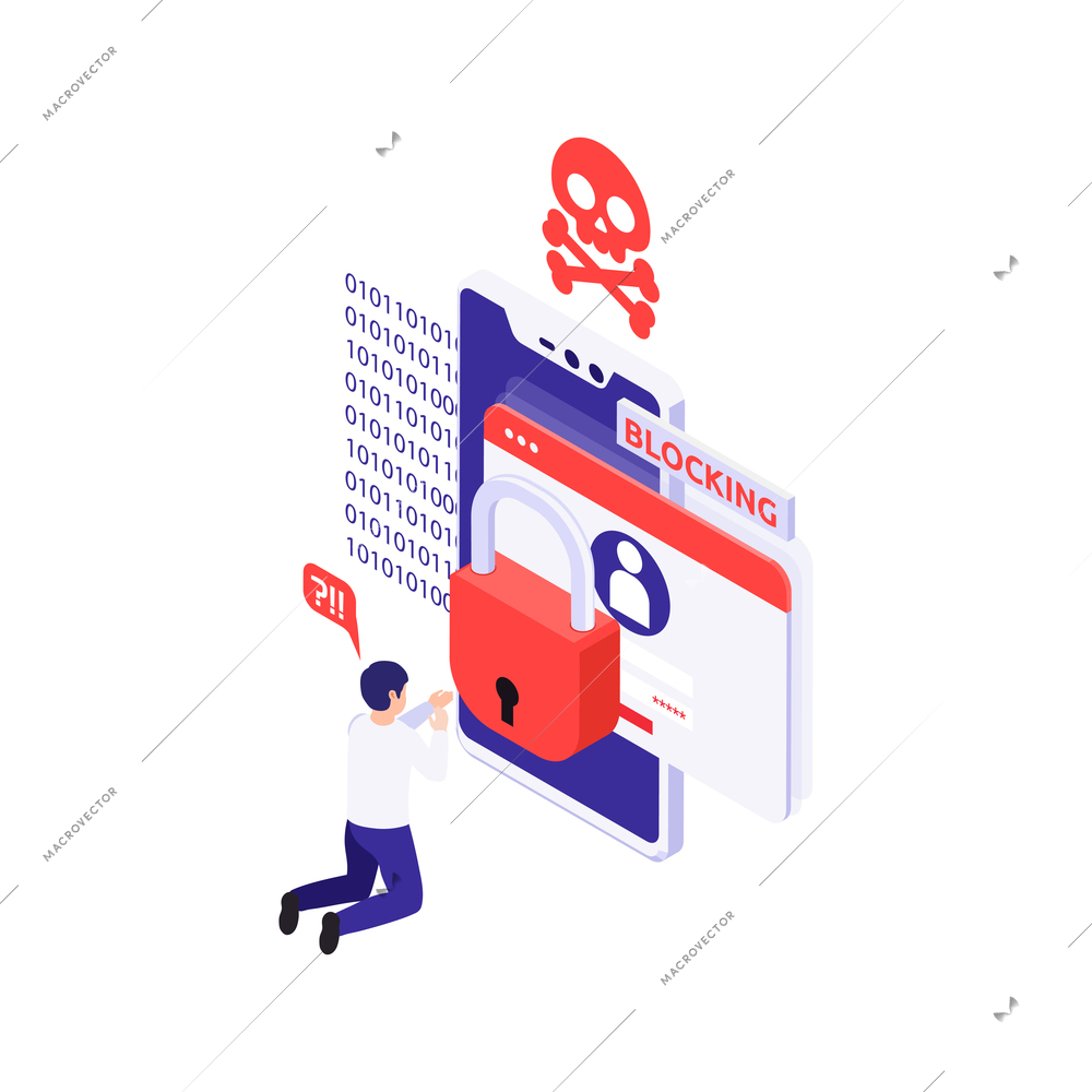 Data protection icon with confused man and notification about blocking account isometric vector illustration