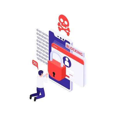 Data protection icon with confused man and notification about blocking account isometric vector illustration