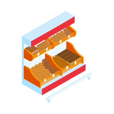 Isometric icon with 3d supermarket display for bread and flour products vector illustration