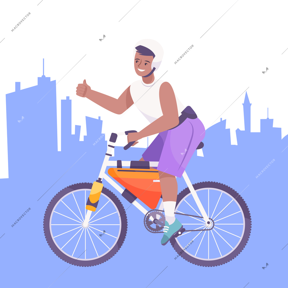 Flat design composition with happy man in helmet riding bicycle vector illustration