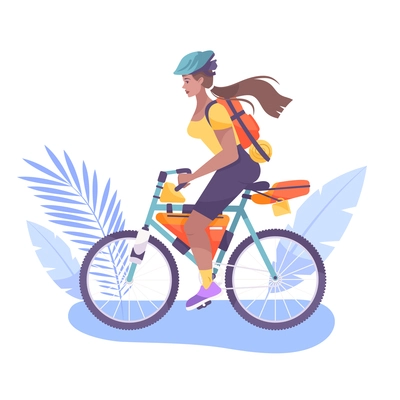 Bike tourism flat composition with woman riding trekking bicycle vector illustration