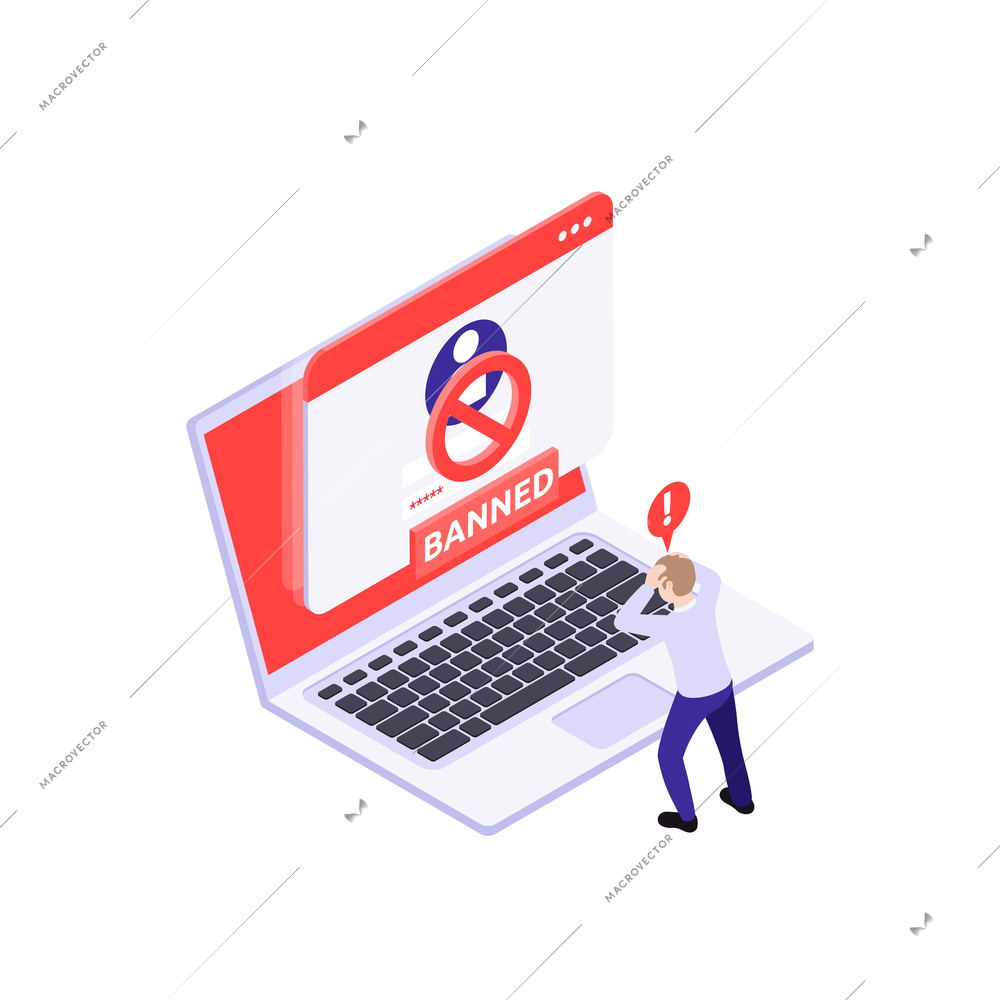 Cyber security concept with panicking man looking at notification about banned account on laptop isometric vector illustration