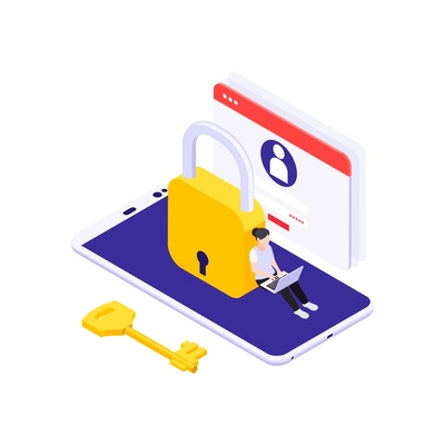 Data protection isometric icon with 3d lock smartphone and woman working on computer vector illustration