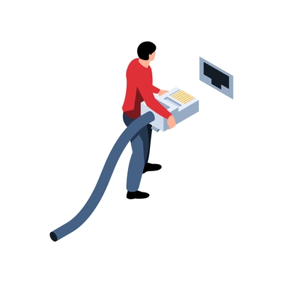 Sysadmin plugging ethernet cable into port isometric vector illustration