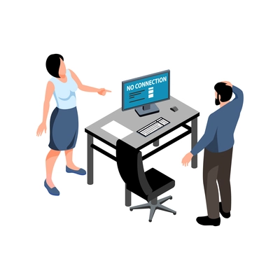 Isometric icon with sysadmin going to fix internet problem in office vector illustration