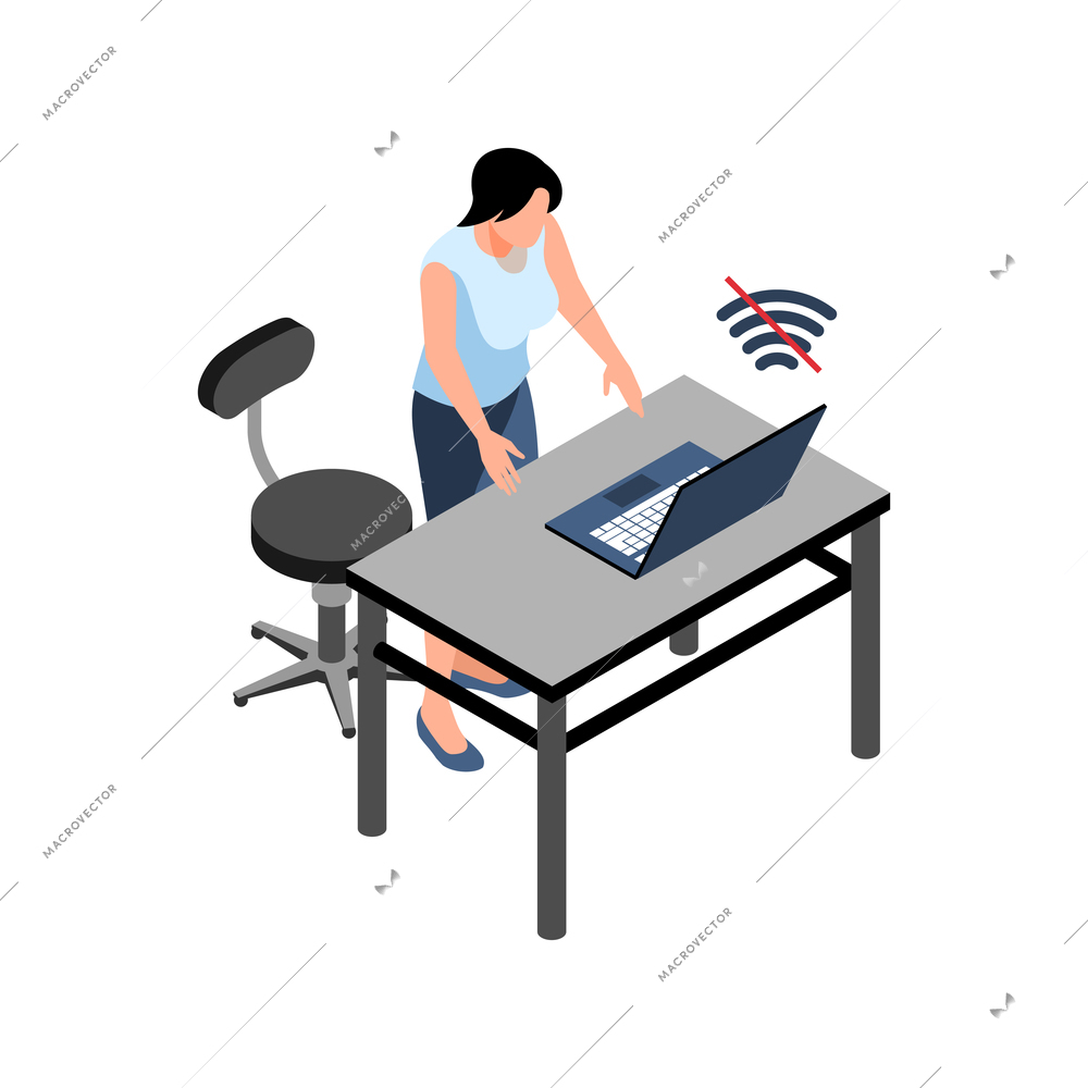 Isometric icon with woman has no wifi internet connection on her laptop vector illustration