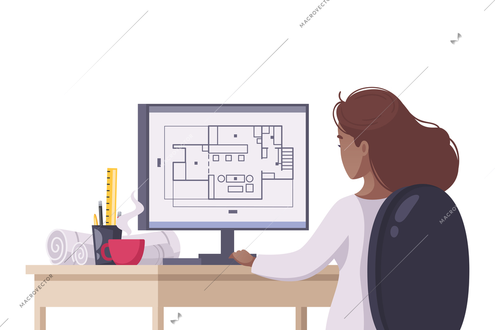 Back view of cartoon woman architect working on construction project vector illustration