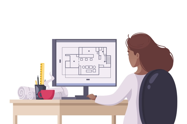 Back view of cartoon woman architect working on construction project vector illustration