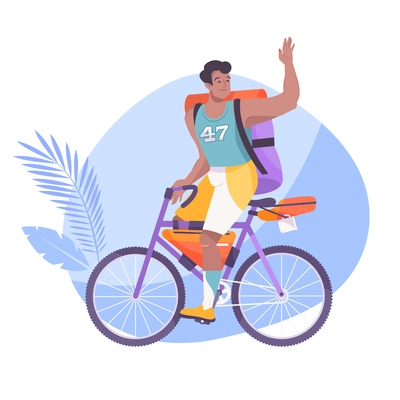 Man travelling by bike with backpack flat composition vector illustration