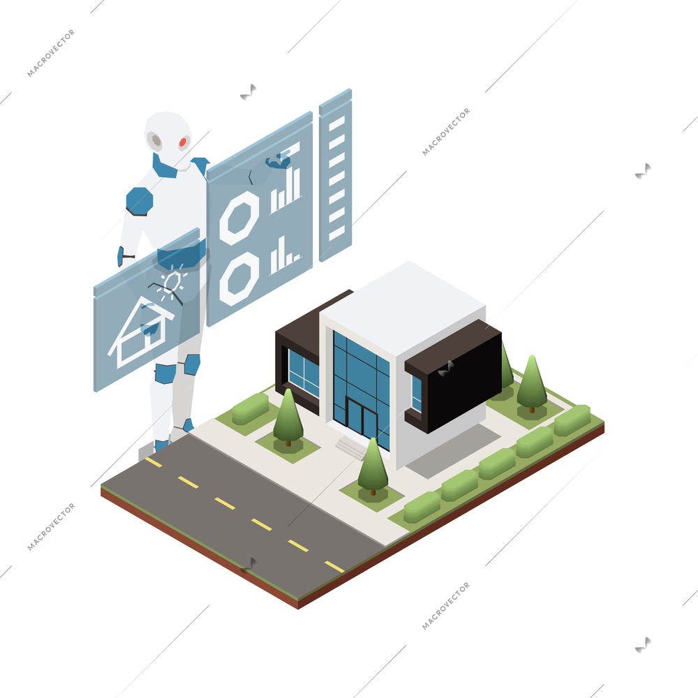 Artificial intelligence concept with robot and modern private house isometric vector illustration