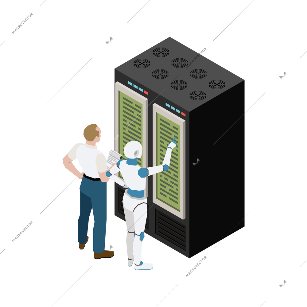 Artificial intelligence isometric icon with man robot and data center on white background vector illustration