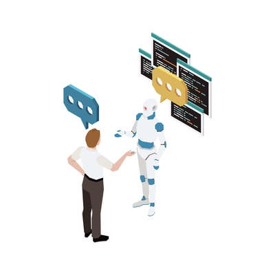 Man communicating to robot isometric vector illustration