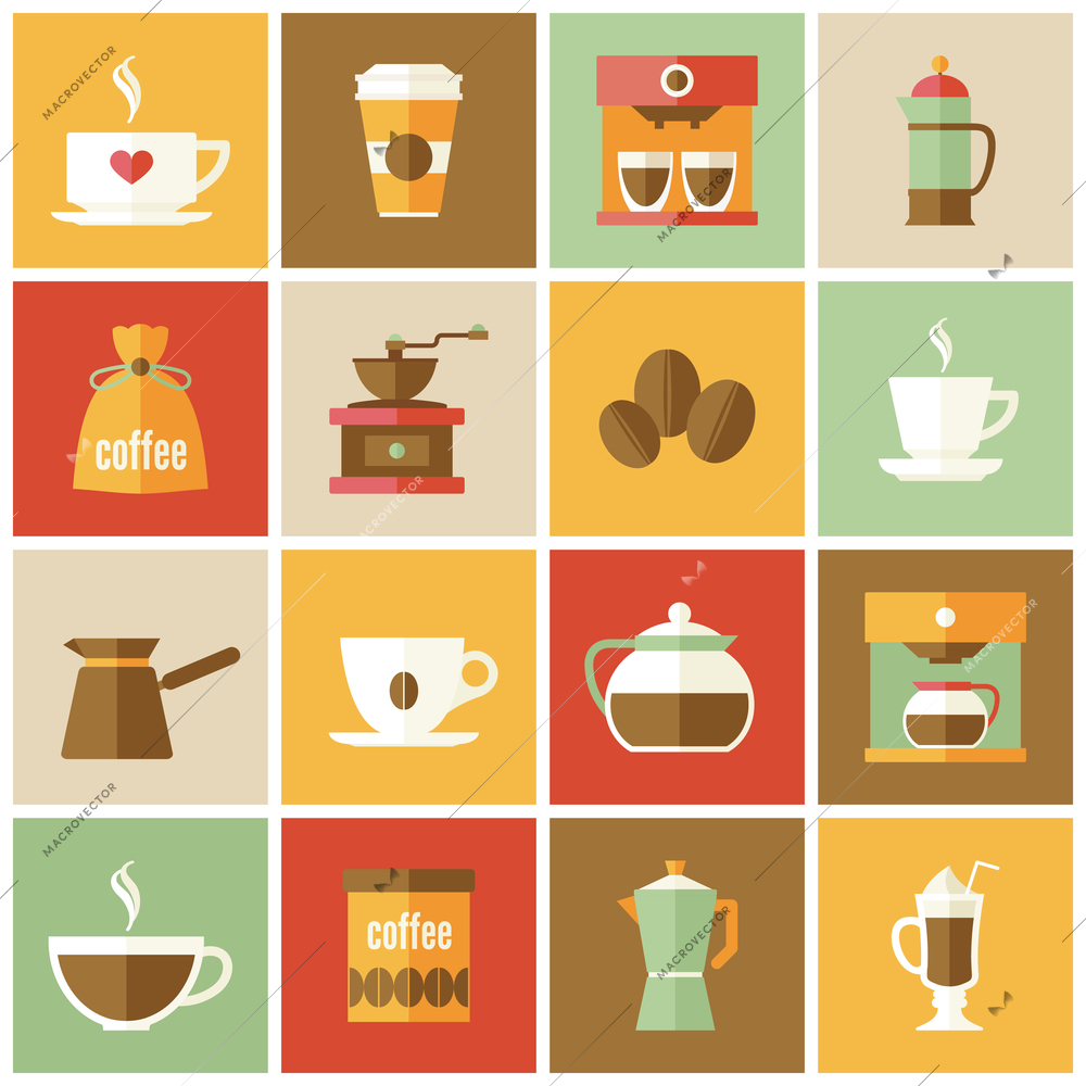 Coffee cup pot energetic drink icons flat set isolated vector illustration.