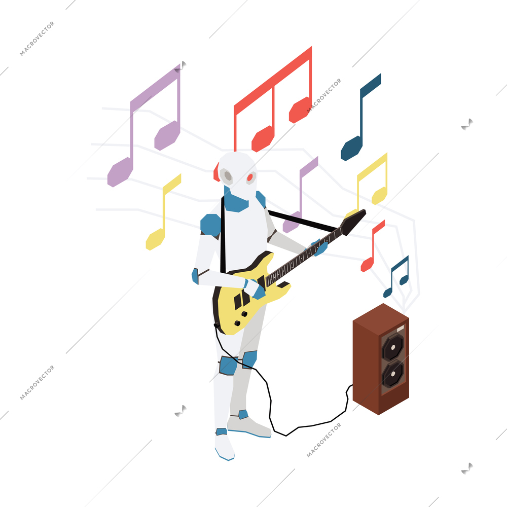 Isometric icon with robot playing guitar vector illustration