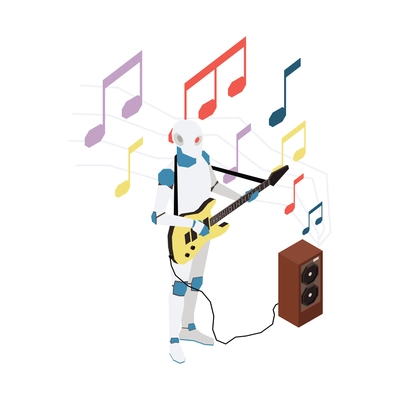 Isometric icon with robot playing guitar vector illustration