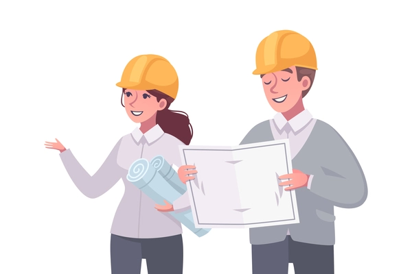 Cartoon composition with two architects in helmets holding construction project vector illustration