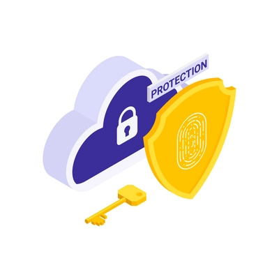 Personal data protection isometric icon with cloud key shield on white background vector illustration