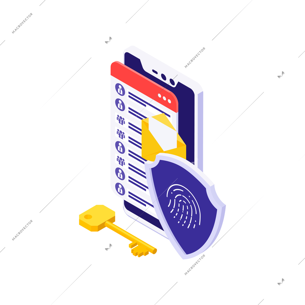 Isometric cyber security icon with fingerprint access to personal information on smartphone 3d vector illustration