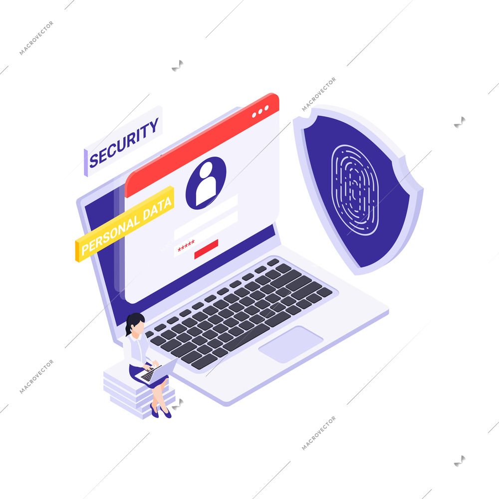 Personal data protection concept with 3d computer shielf with fingerprint human character isometric vector illustration