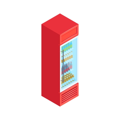 Isometric red supermarket fridge with drinks on white background vector illustration