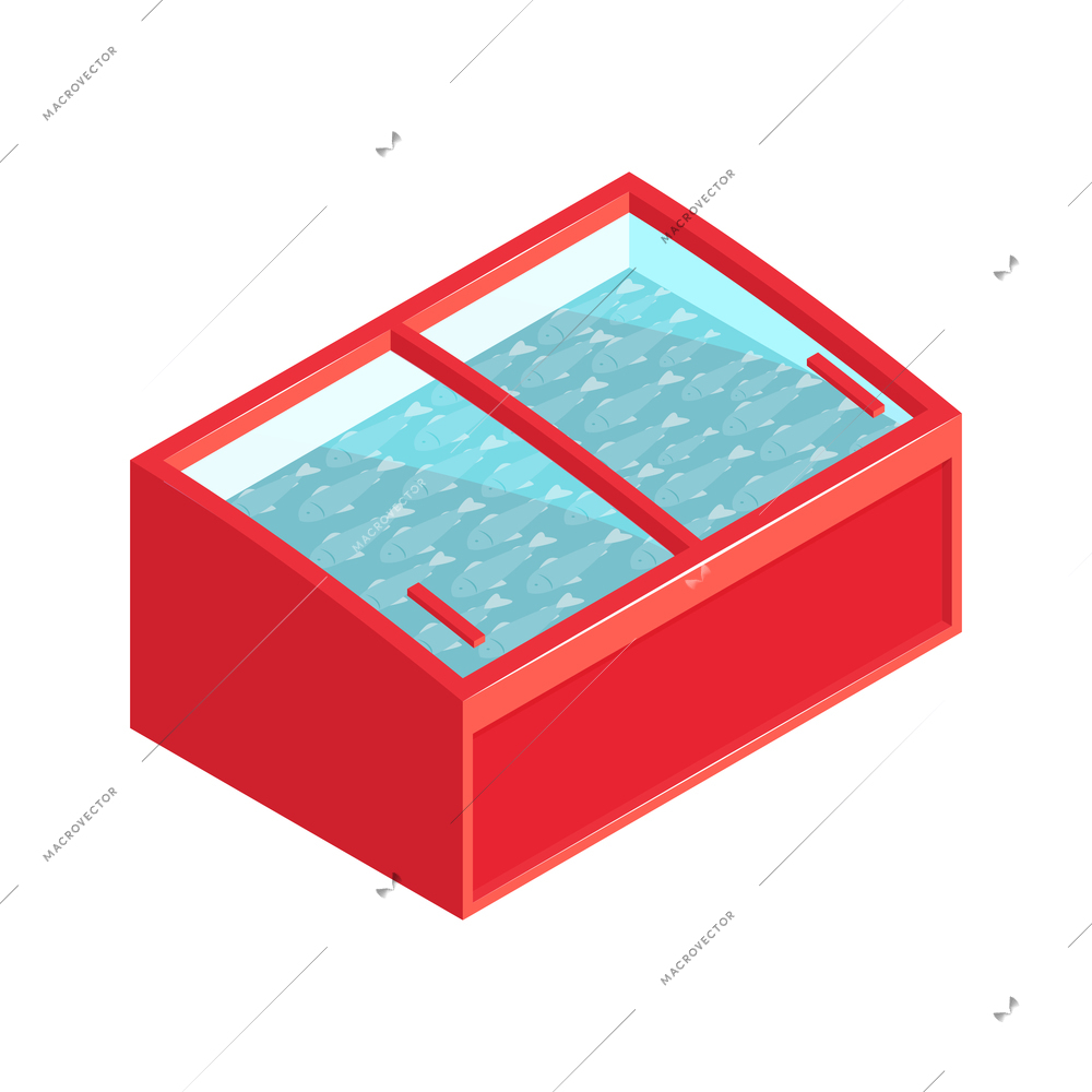 Isometric icon with supermarket fridge for frozen fish 3d vector illustration