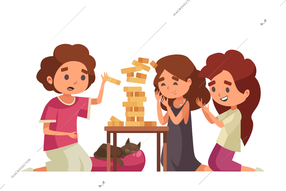 Cartoon kids playing jenga vector illustration